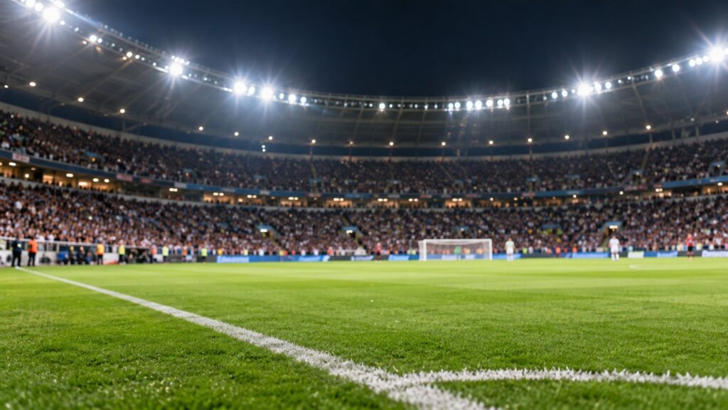 Estádio de futebol à noite com refletores acesos (imagem ilustrativa)