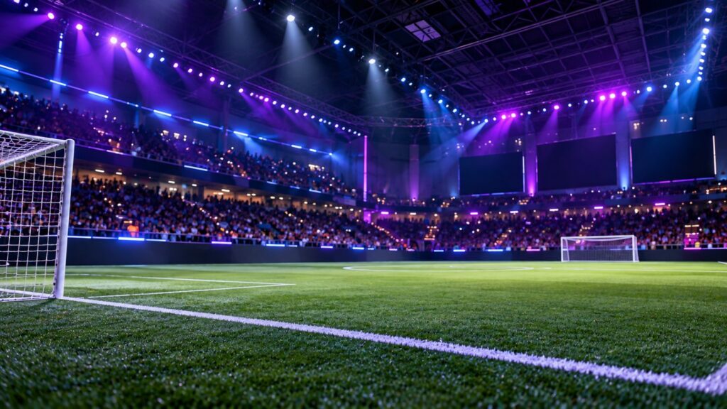 Arena coberta de futebol society com iluminação de show (imagem ilustrativa)