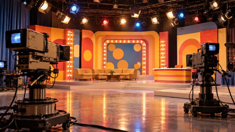 Estúdio de TV com câmeras e cenário colorido (imagem ilustrativa)