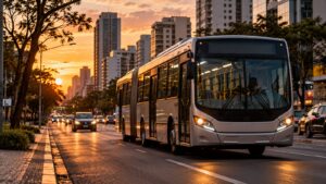 Ônibus urbano em avenida ao entardecer (imagem ilustrativa)