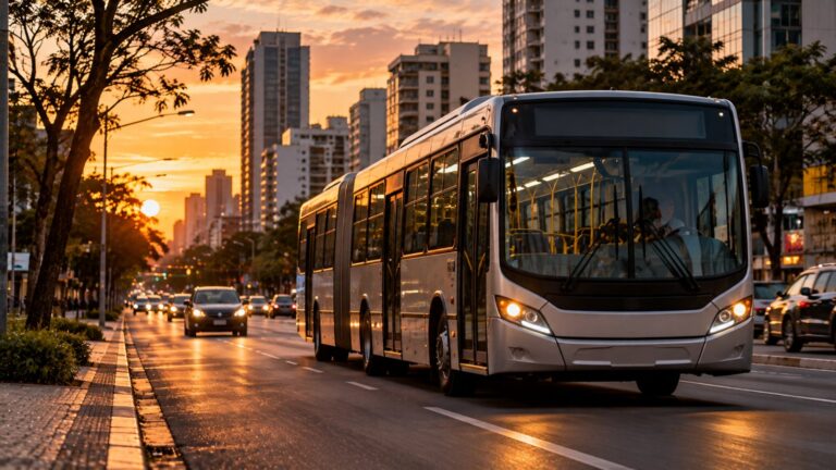 Ônibus urbano em avenida ao entardecer (imagem ilustrativa)