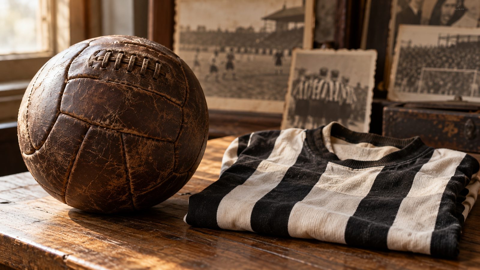 Bola de couro antiga e camisa alvinegra listrada sobre mesa de madeira, lembrando os primeiros anos do ABC