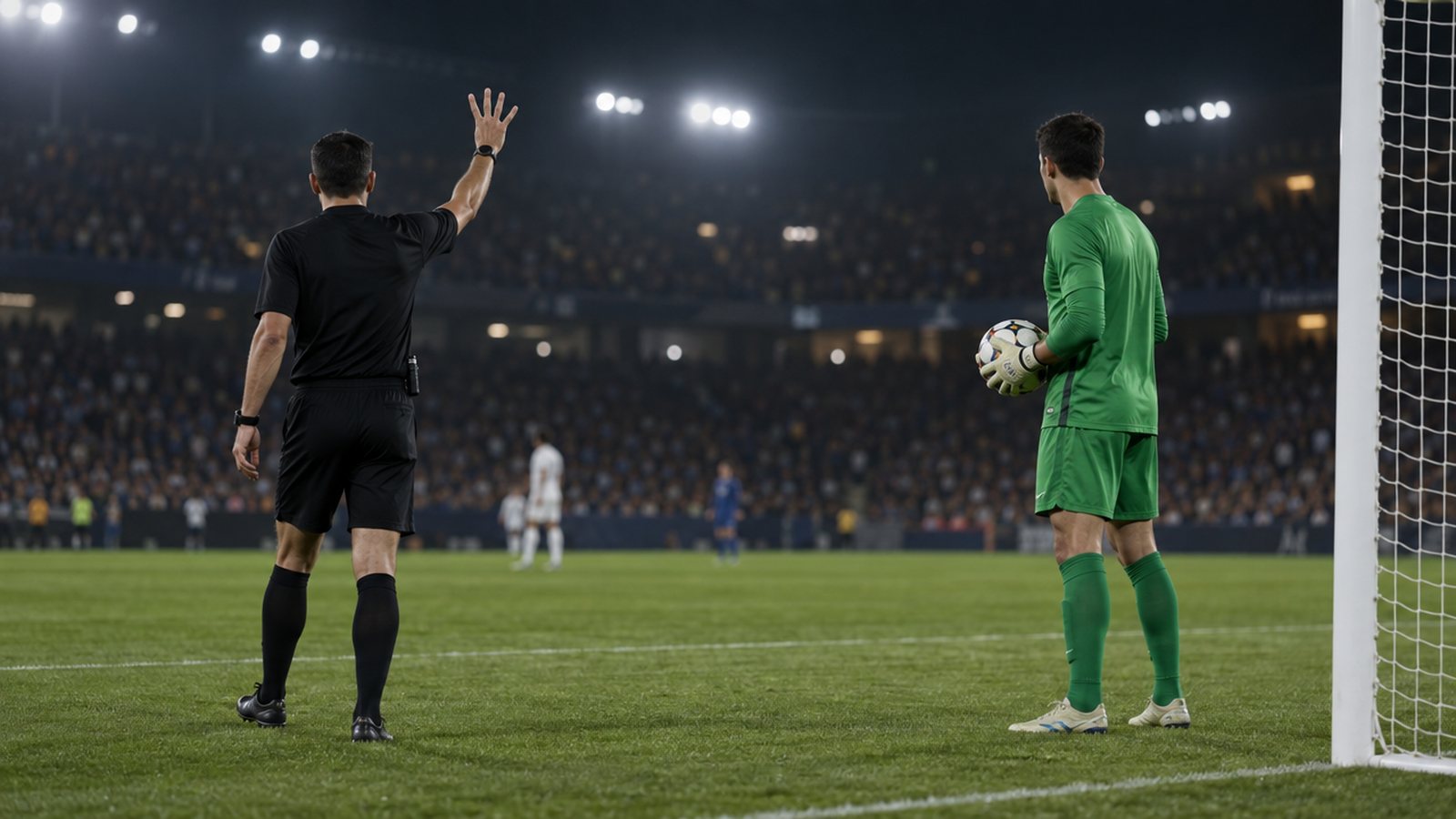 Árbitro fazendo contagem visível enquanto o goleiro segura a bola