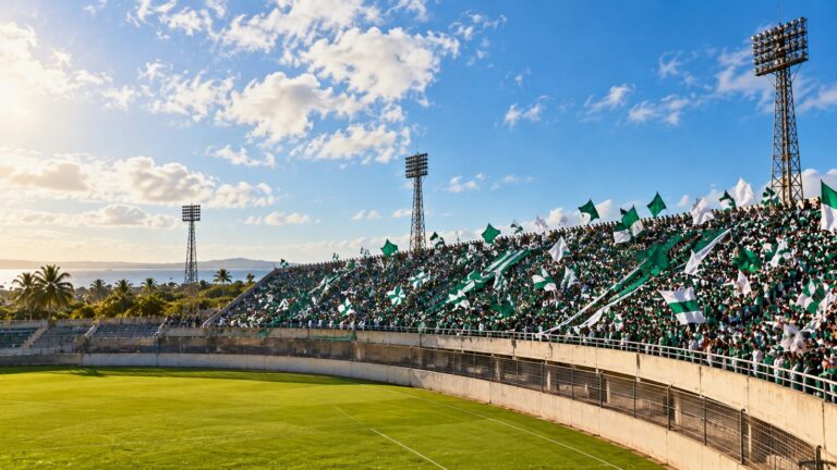 Torcida com bandeiras verdes e brancas em estádio de Natal