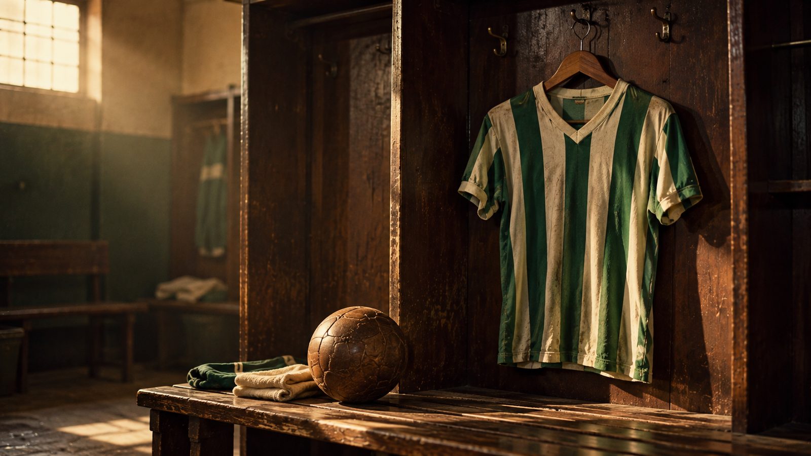 Camisa antiga verde e branca pendurada em vestiário de madeira, lembrando os anos 1960