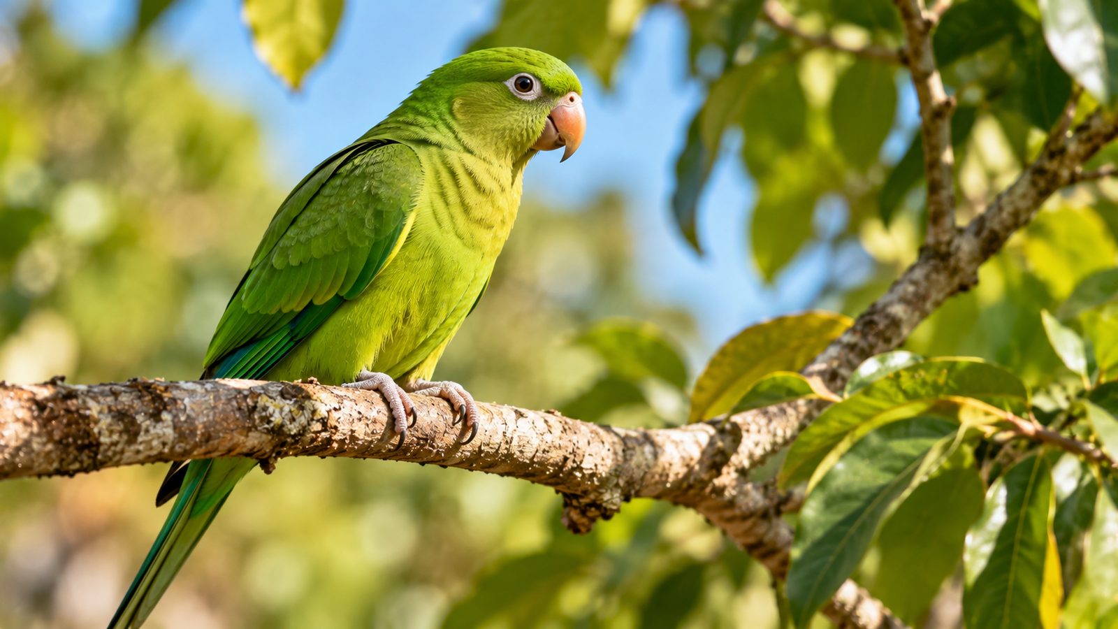 Periquito verde pousado em galho, mascote do Alecrim