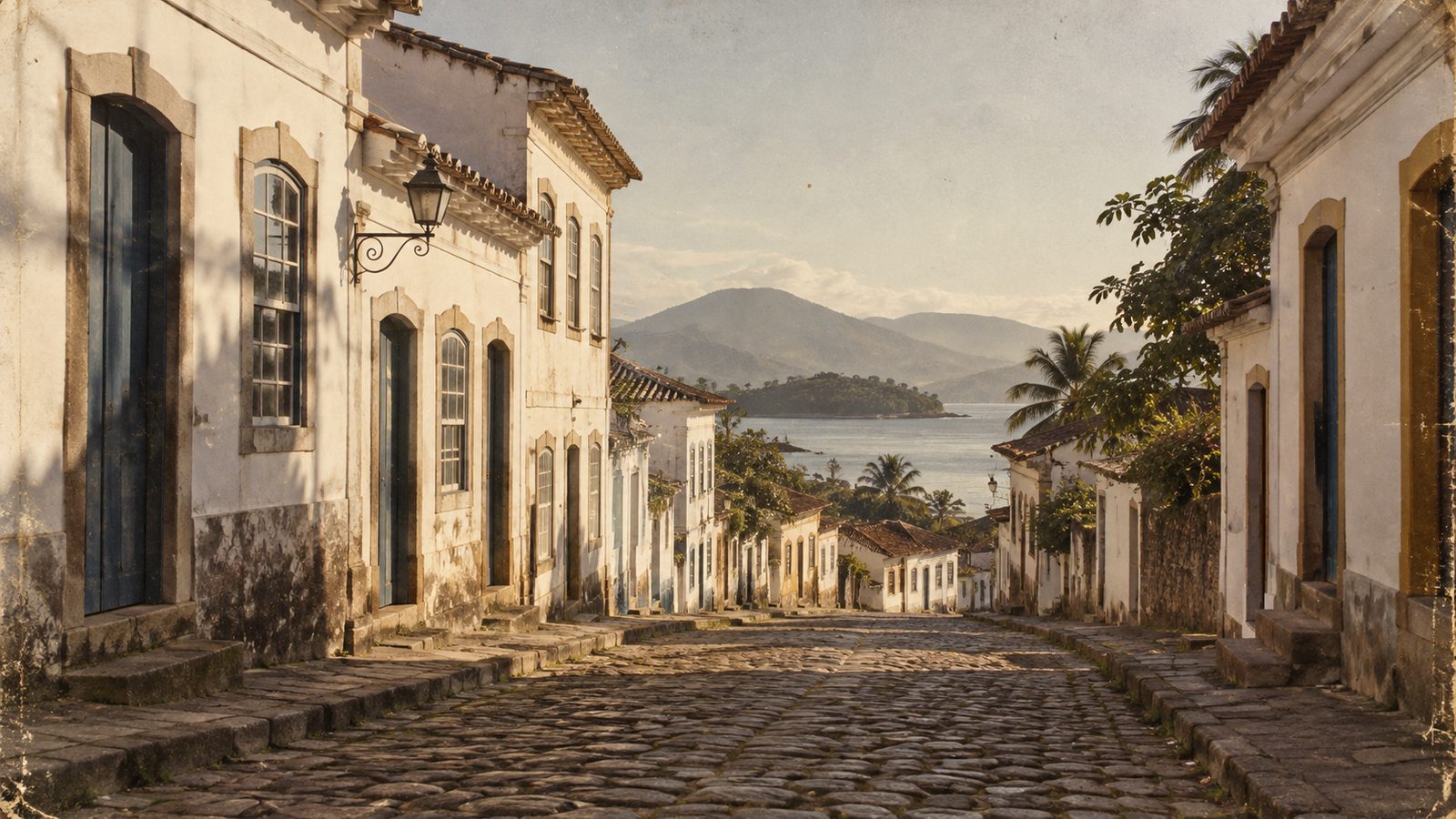Rua histórica com casario baixo, lembrando a Cidade Alta de Natal no início do século 20