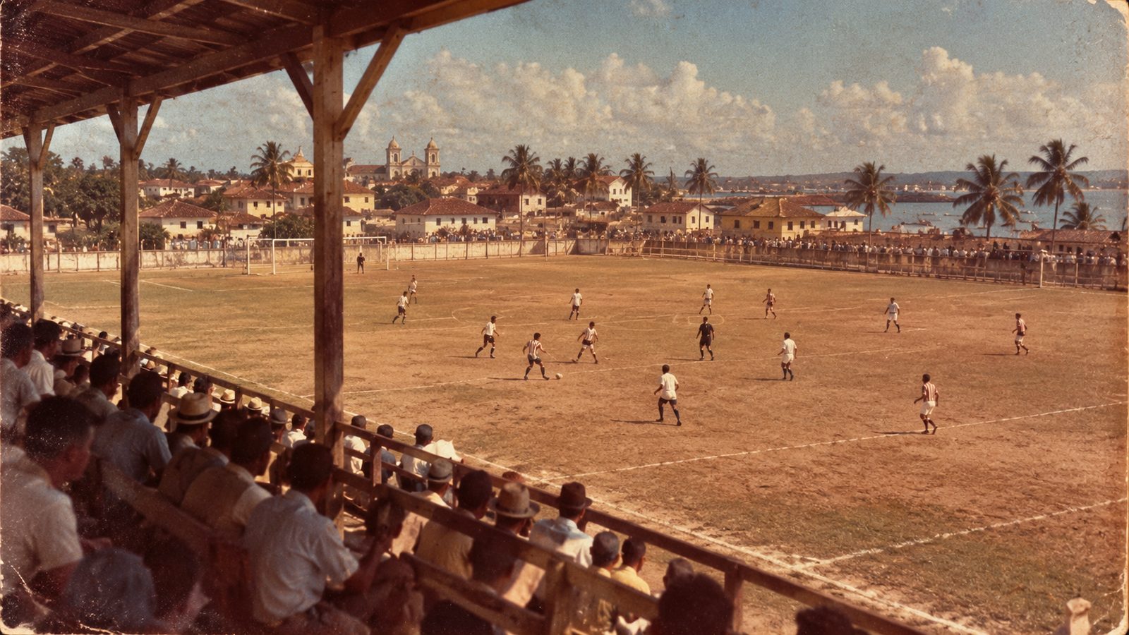 Partida de futebol dos anos 1950 vista da arquibancada, em estilo de foto antiga
