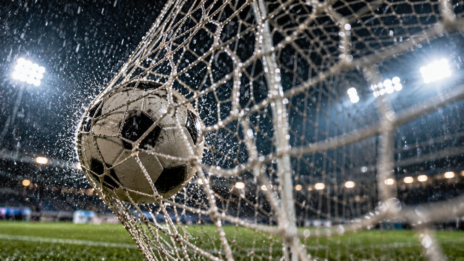 Bola balançando a rede em noite chuvosa sob refletores