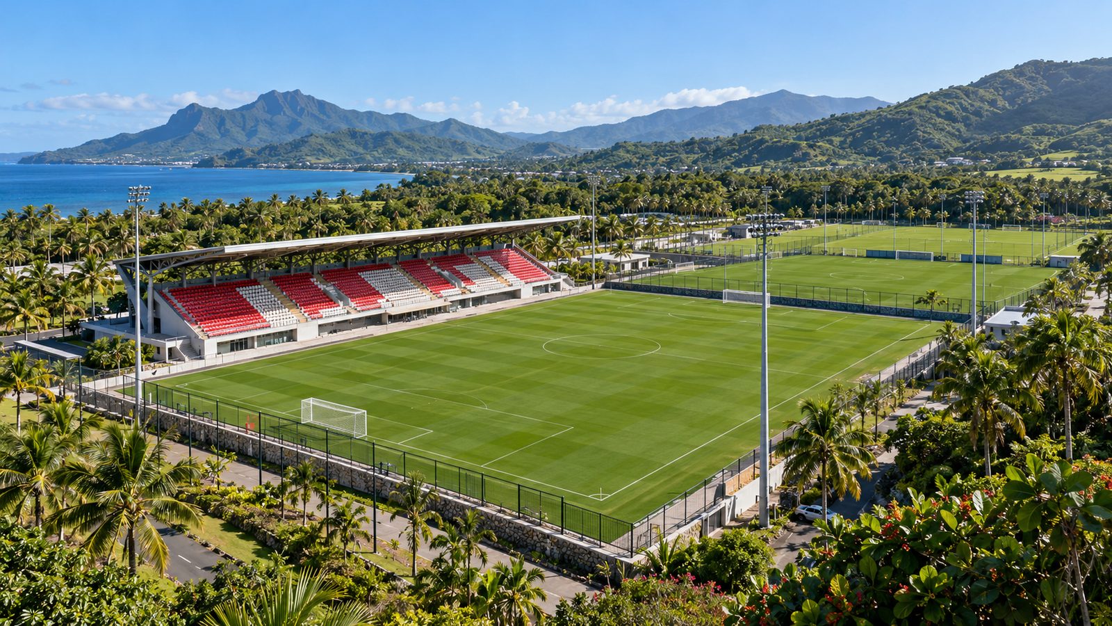 Estádio de pequeno porte com arquibancada vermelha e branca cercado por campos de treino
