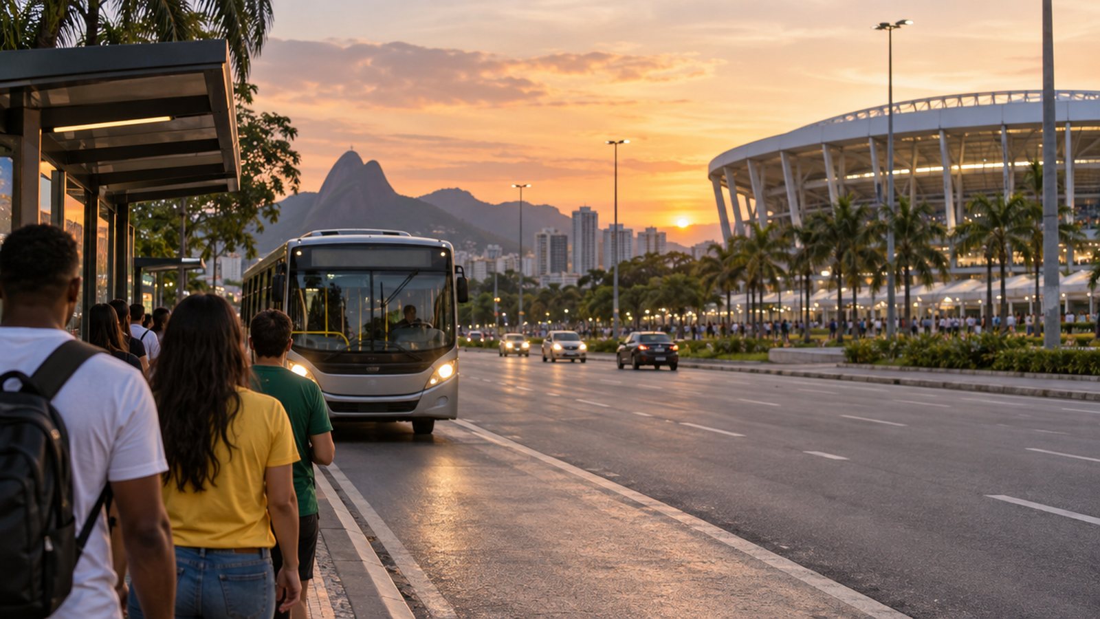 Torcedores descendo de ônibus em avenida próxima ao estádio
