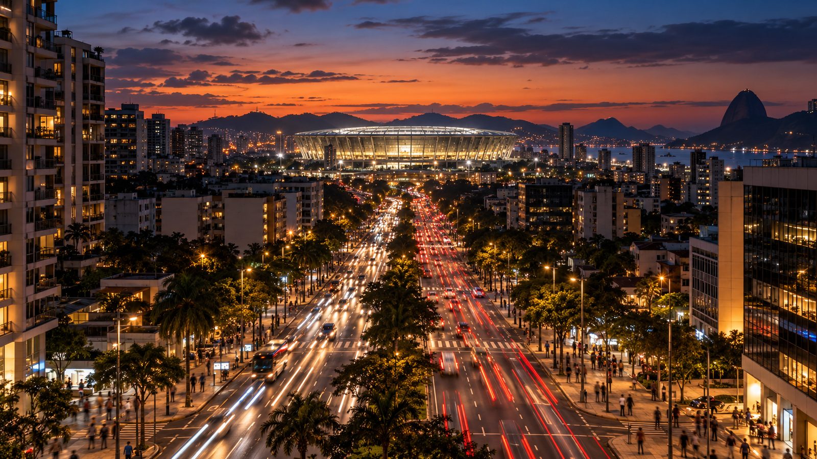 Avenida movimentada ao entardecer com estádio iluminado ao fundo em dia de jogo