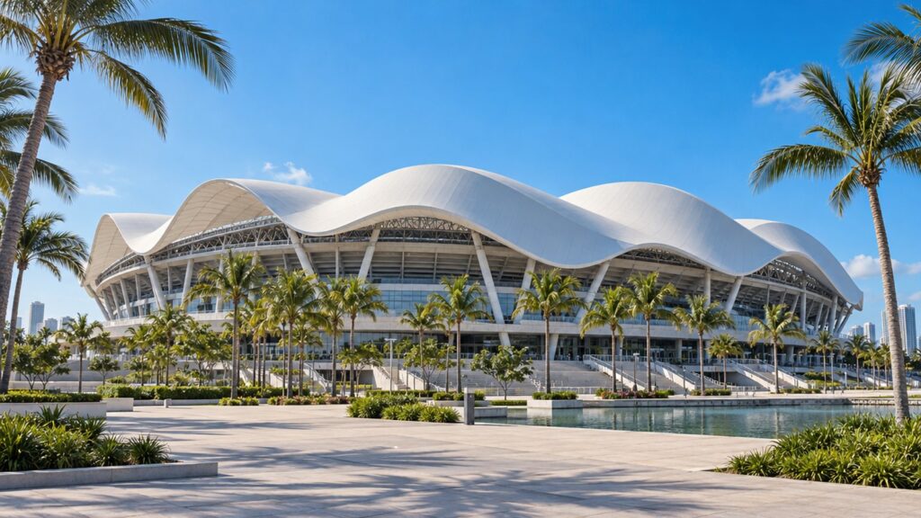 Fachada da Arena das Dunas, em Natal, com cobertura inspirada nas dunas