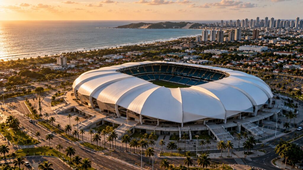 Vista aérea de estádio moderno com cobertura ondulada inspirada em dunas, em Natal