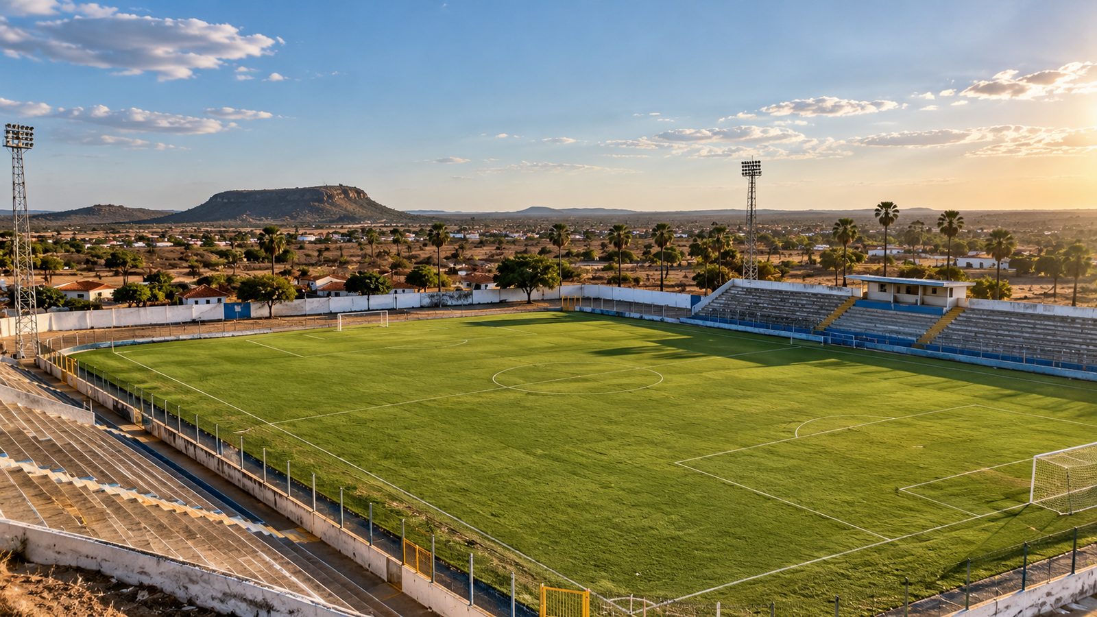 Estádio simples no interior do Rio Grande do Norte, com paisagem do semiárido ao fundo