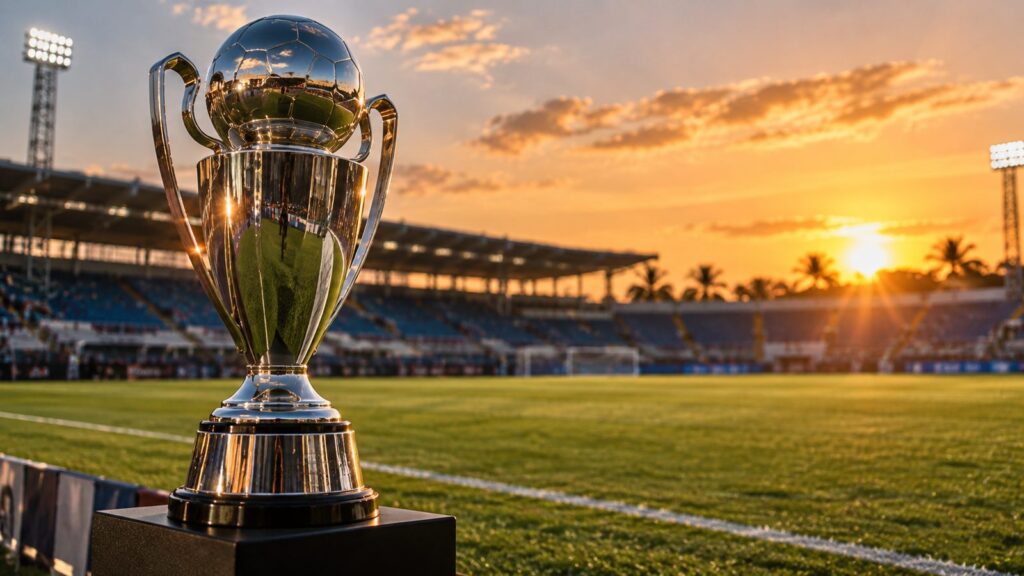 Troféu prateado à beira do gramado em fim de tarde, simbolizando o Campeonato Potiguar