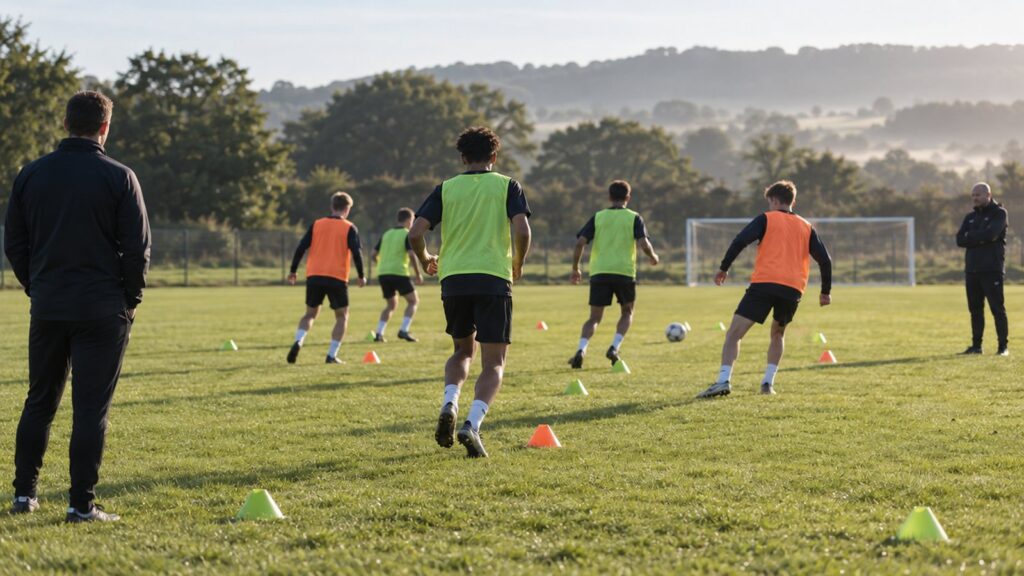 Jovens jogadores em treino de avaliação em campo de categoria de base
