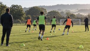 Jovens jogadores em treino de avaliação em campo de categoria de base