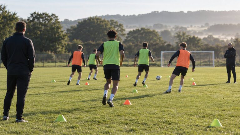 Jovens jogadores em treino de avaliação em campo de categoria de base