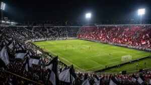 Arquibancadas divididas entre bandeiras alvinegras e alvirrubras em dia de clássico