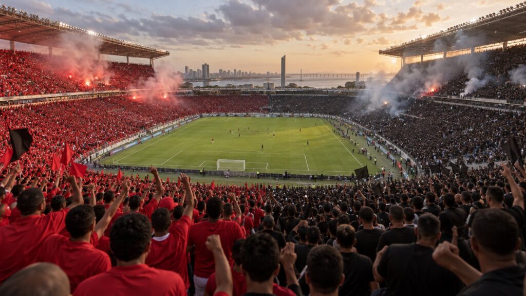 Estádio lotado e dividido entre duas torcidas em dia de clássico