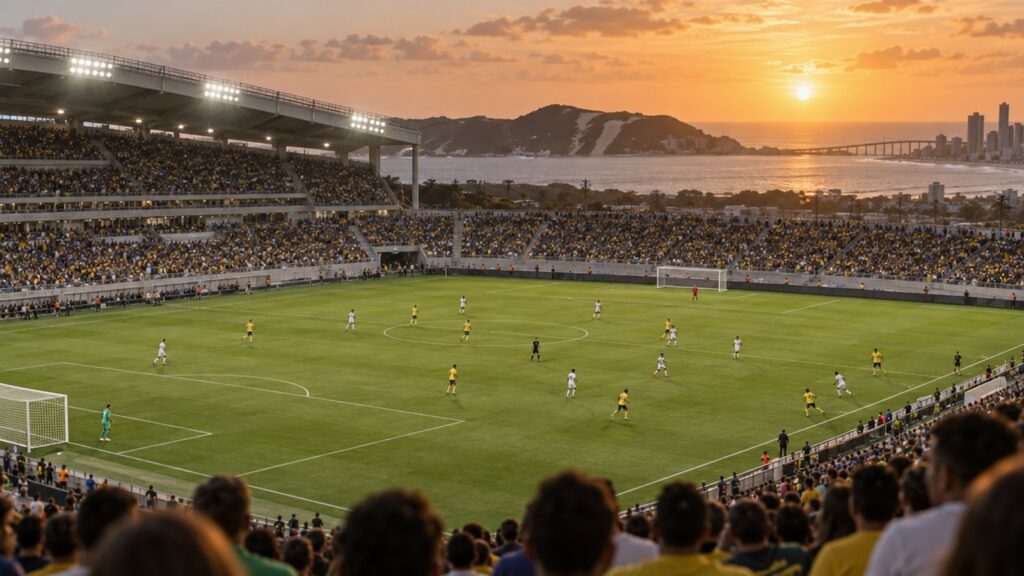 Estádio em Natal ao pôr do sol durante partida de competição nacional
