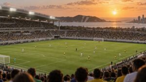Estádio em Natal ao pôr do sol durante partida de competição nacional