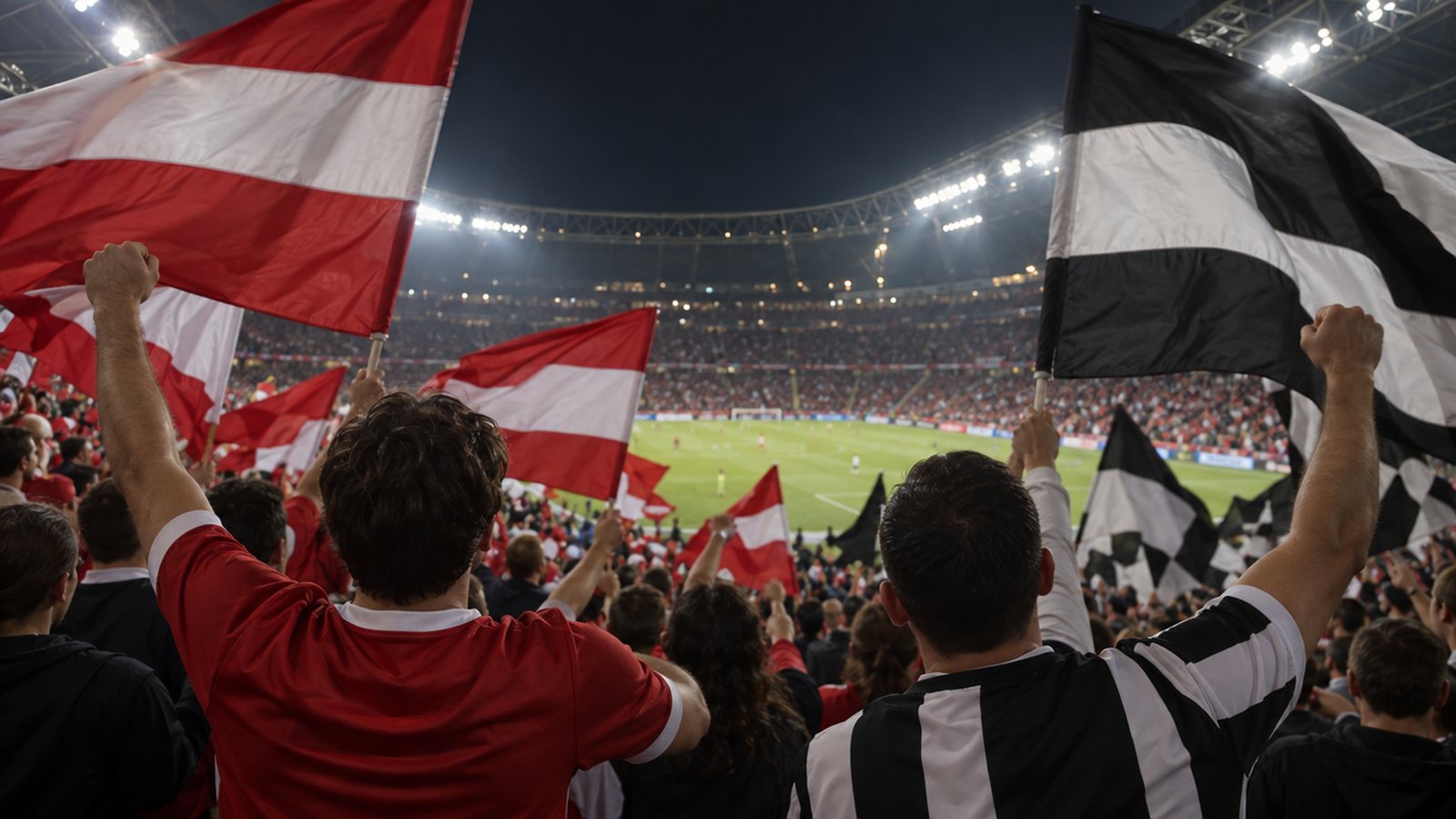 Torcedores com bandeiras lisas nas arquibancadas em noite de jogo