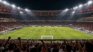 Estádio lotado em noite de jogo eliminatório de copa nacional