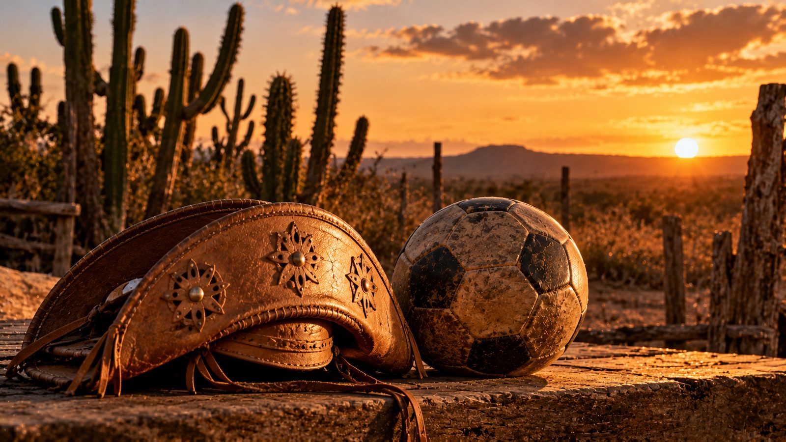 Chapéu de couro de inspiração nordestina ao lado de uma bola, símbolo da Copa do Nordeste