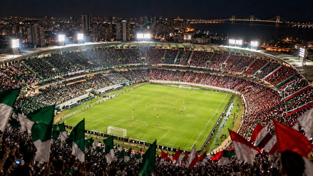Estádio lotado à noite em capital nordestina durante jogo da Copa do Nordeste