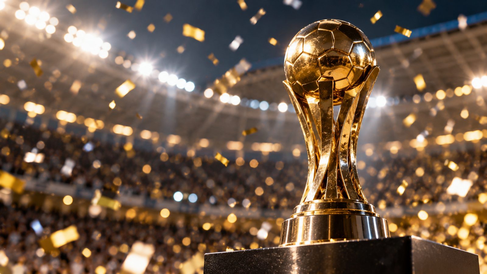 Taça dourada em pódio com confete ao fundo, representando os campeões do Nordestão
