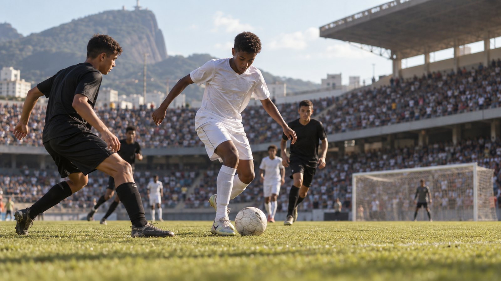 Partida de futebol júnior em estádio durante o verão