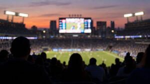 Arquibancada diante do placar do estádio na reta final de um campeonato