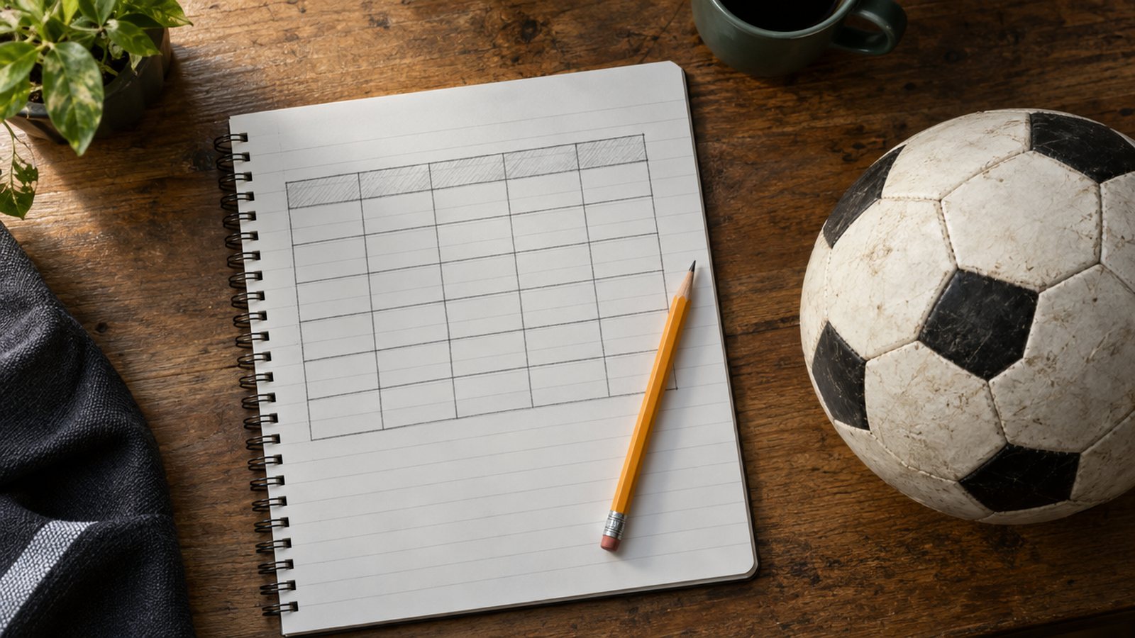 Caderno com tabela desenhada à mão ao lado de uma bola, simulando cálculos de classificação