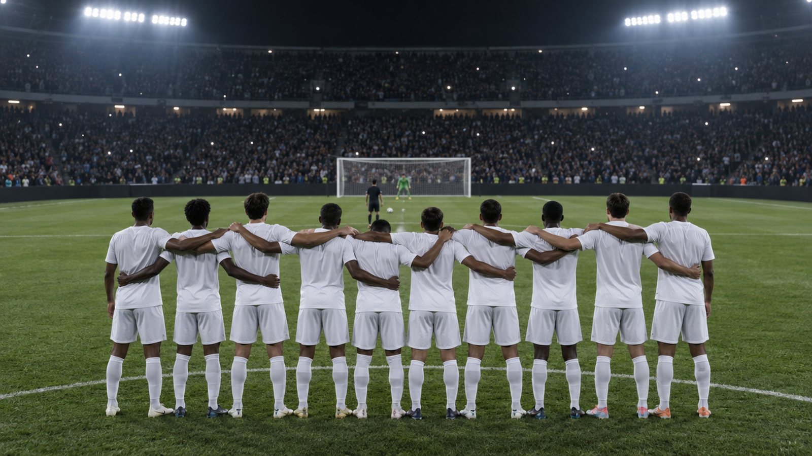 Jogadores abraçados no círculo central durante a disputa por pênaltis