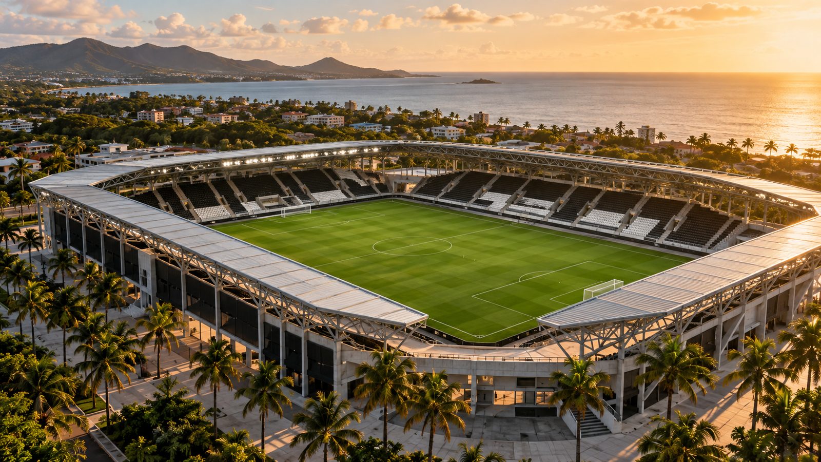 Estádio de porte médio com arquibancadas preta e branca em bairro litorâneo de Natal