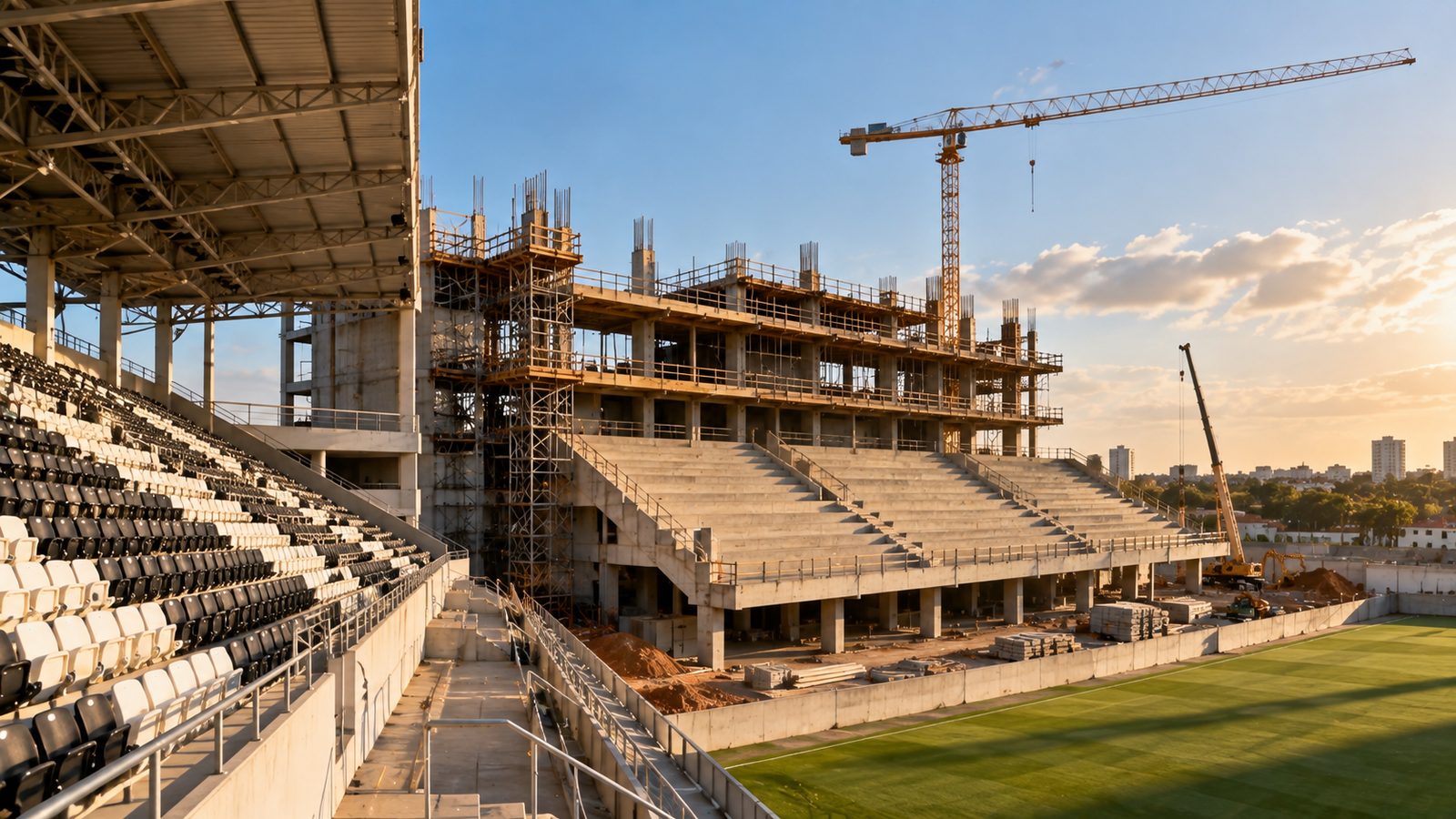 Módulo de arquibancada em construção ao lado de setor já concluído do estádio