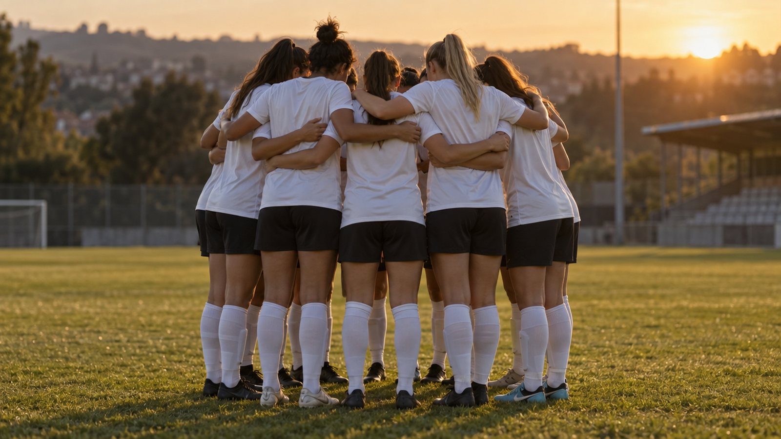 Jogadoras reunidas em roda no gramado antes do jogo