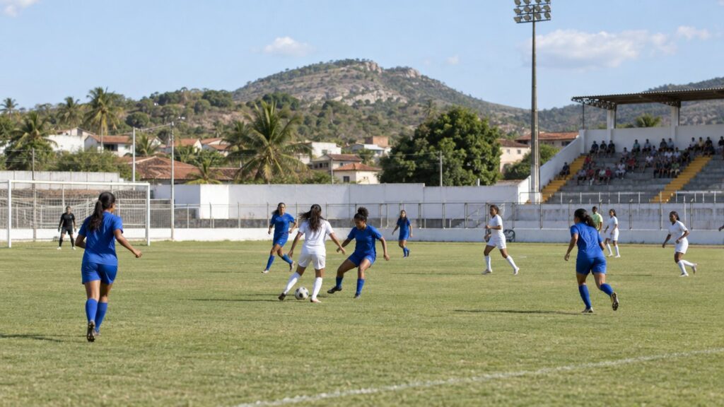 Partida de futebol feminino em estádio do Nordeste em tarde ensolarada
