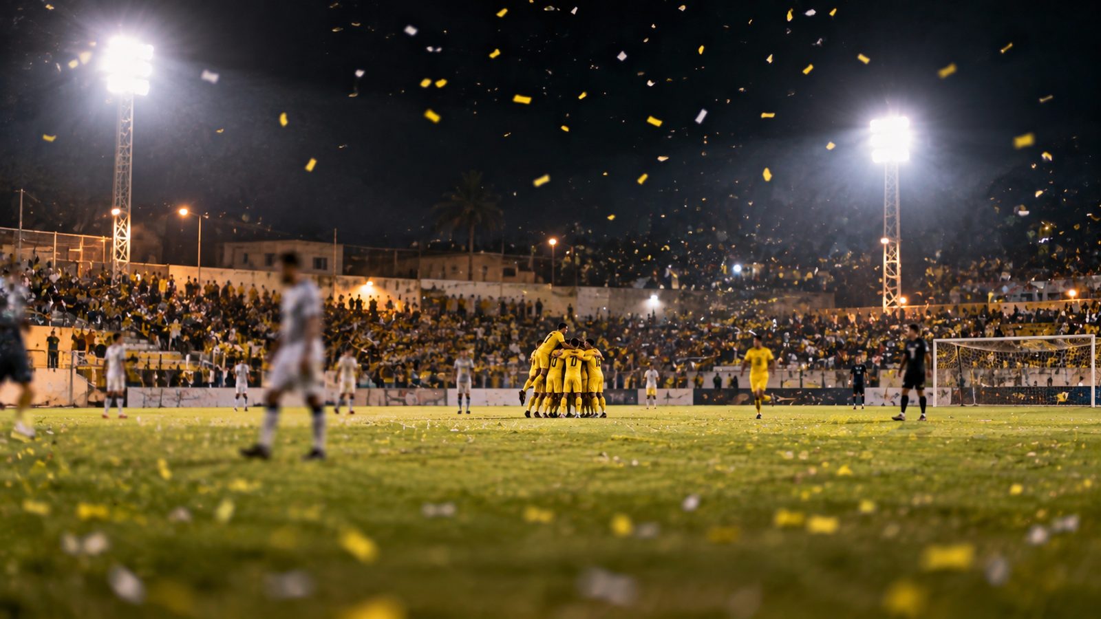 Jogadores de amarelo comemorando à distância em noite de Copa do Brasil em estádio pequeno