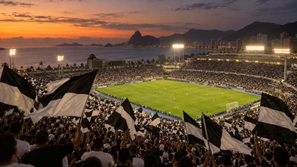 Arquibancada lotada com bandeiras pretas e brancas em noite de jogo em Natal