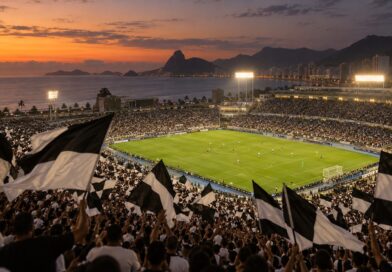 Arquibancada lotada com bandeiras pretas e brancas em noite de jogo em Natal
