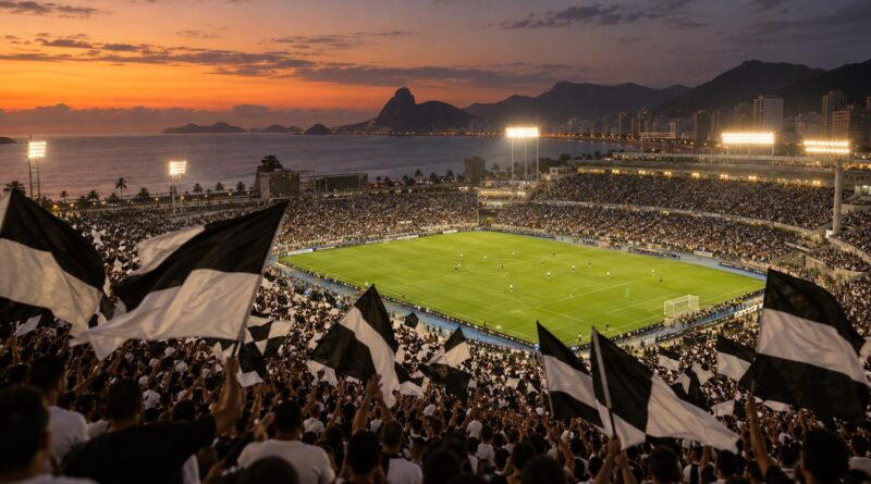 Arquibancada lotada com bandeiras pretas e brancas em noite de jogo em Natal