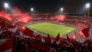 Torcida com bandeiras vermelhas e brancas em noite de jogo em estádio de Natal