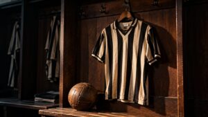 Camisa alvinegra antiga pendurada em vestiário, homenagem aos ídolos do ABC