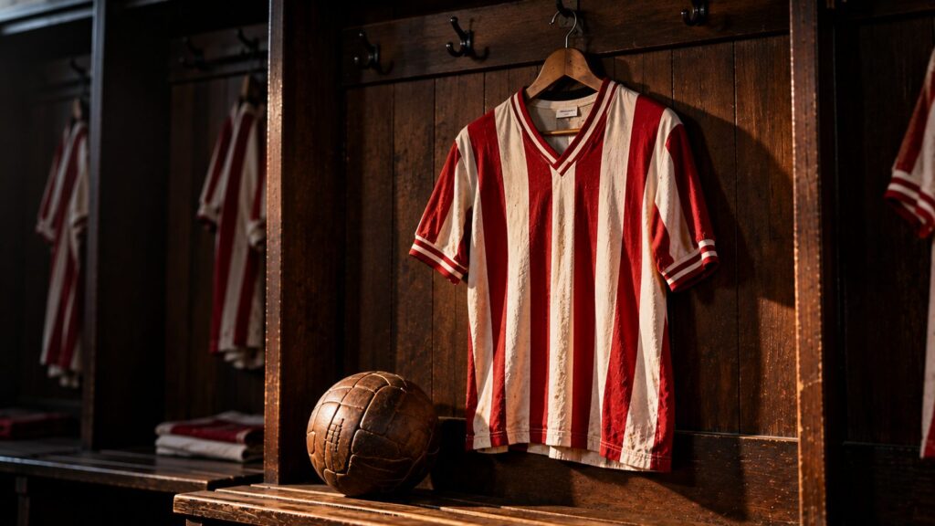 Camisa alvirrubra antiga pendurada em vestiário, homenagem aos ídolos do América