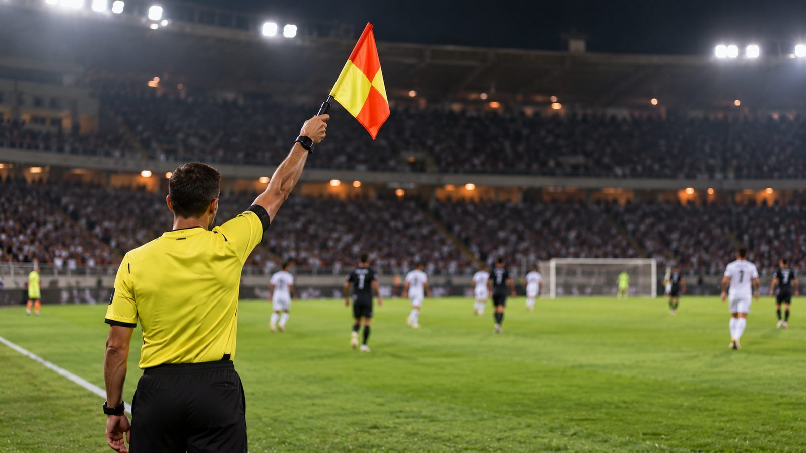 Assistente levantando a bandeira para sinalizar impedimento