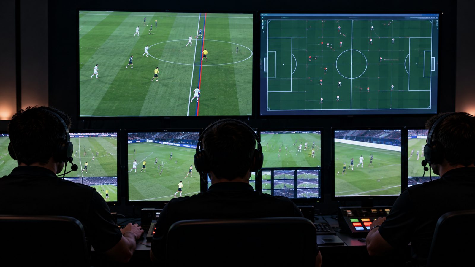 Sala de vídeo com monitores usados na análise de lances de impedimento