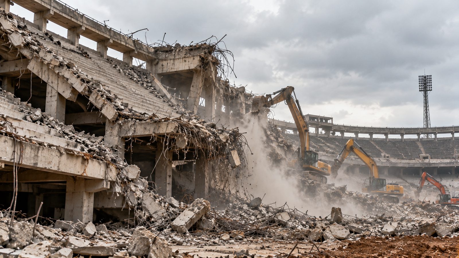 Demolição de estádio de concreto com máquinas e poeira